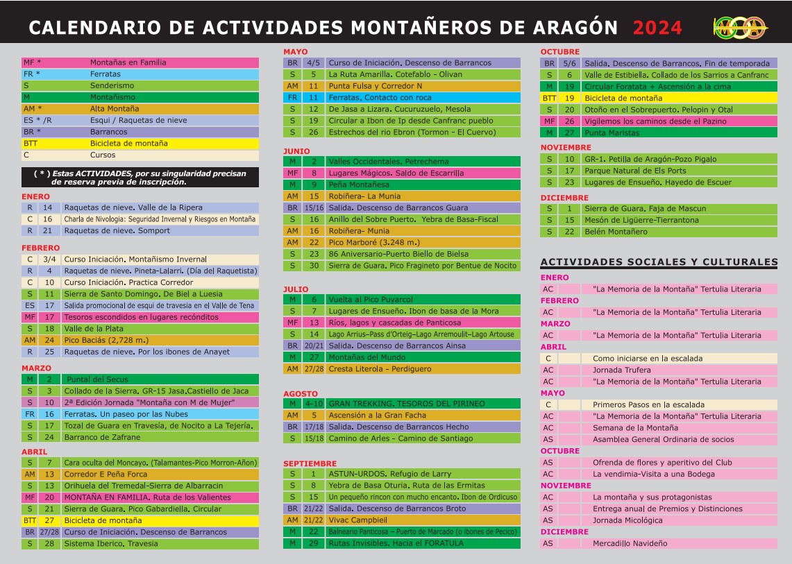 Calendario de actividades 2024 Montañeros de Aragón